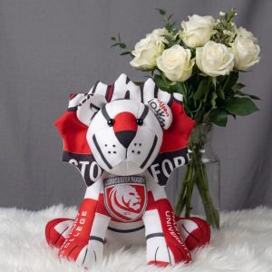 Memory lion sewn from red and white football scarves