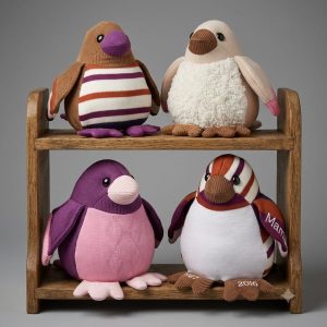Four keepsake baby birds sewn from babygrows on a small wooden shelf