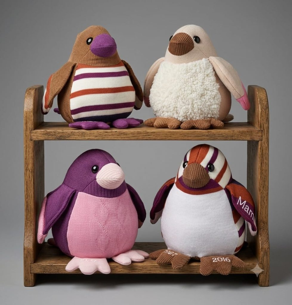 Four keepsake baby birds sewn from babygrows on a small wooden shelf