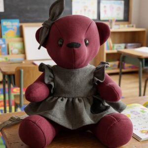 Burgundy school uniform memory bear wearing a grey pinafore in a classroom