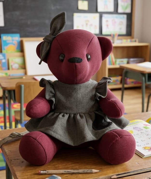 Burgundy school uniform memory bear wearing a grey pinafore in a classroom