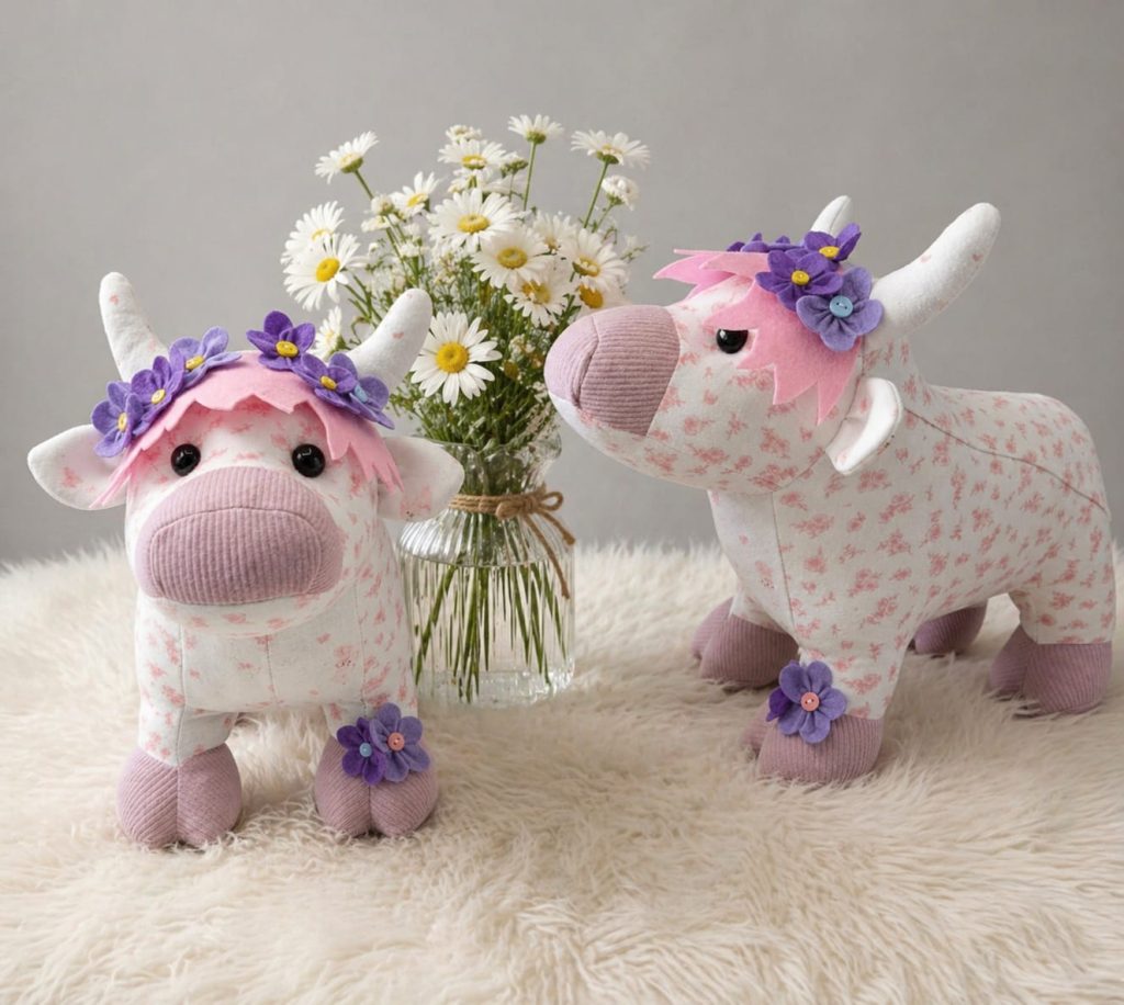 Two highland cow keepsakes in pink floral fabric with felt flower crowns and daisies