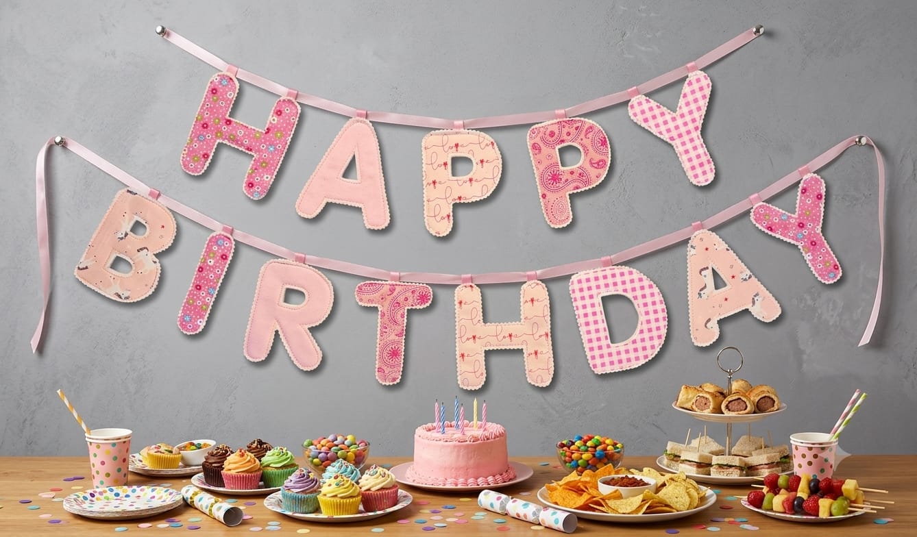 Pink patchwork Happy Birthday fabric banner above a party table with cake and treats