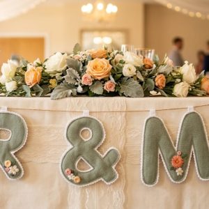 Sage green Mr and Mrs fabric banner with embroidered flowers on a wedding top table
