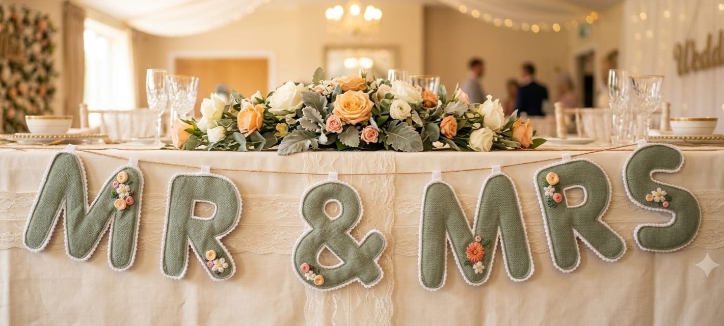 Sage green Mr and Mrs fabric banner with embroidered flowers on a wedding top table