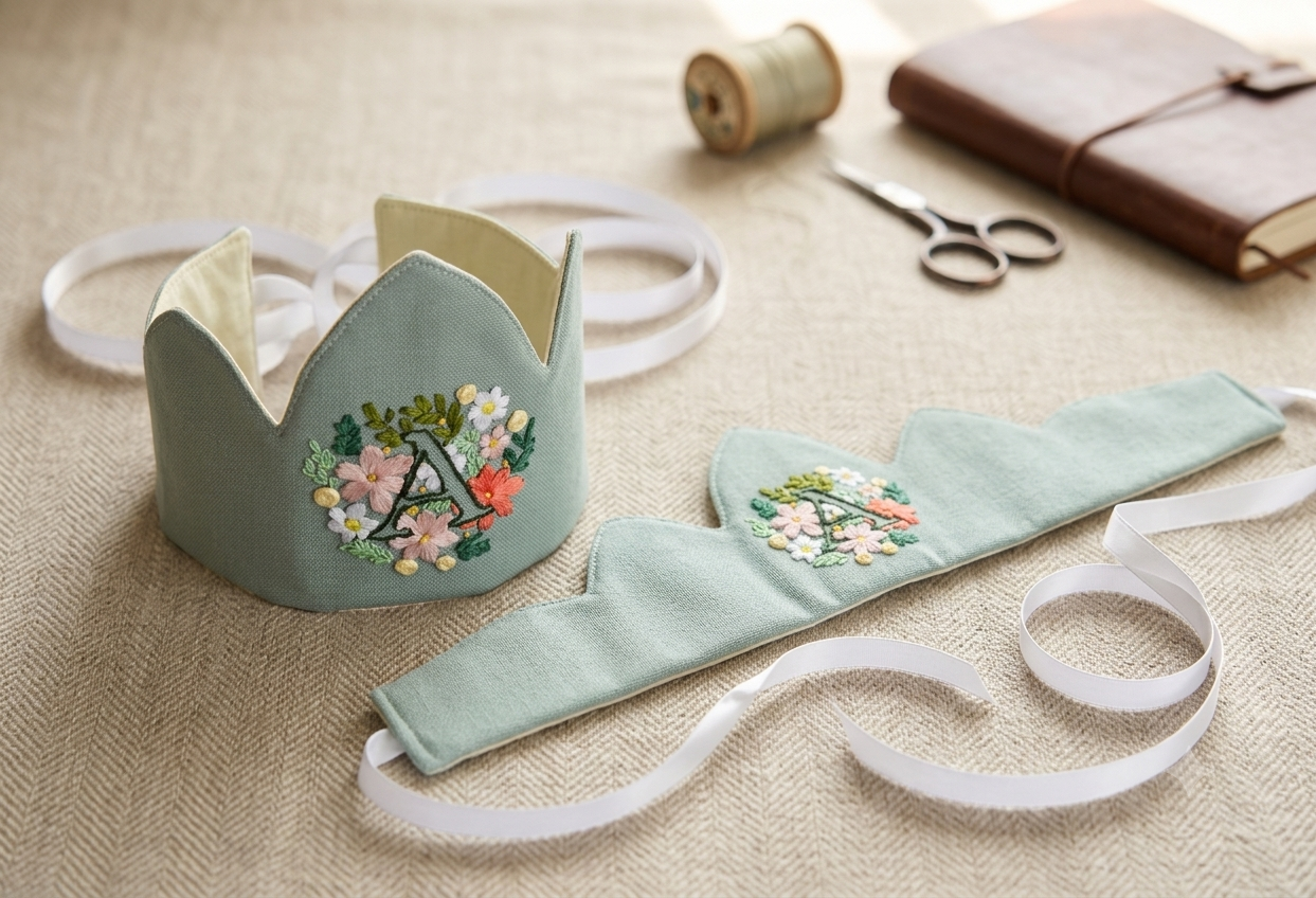Embroidered initial reusable fabric crown